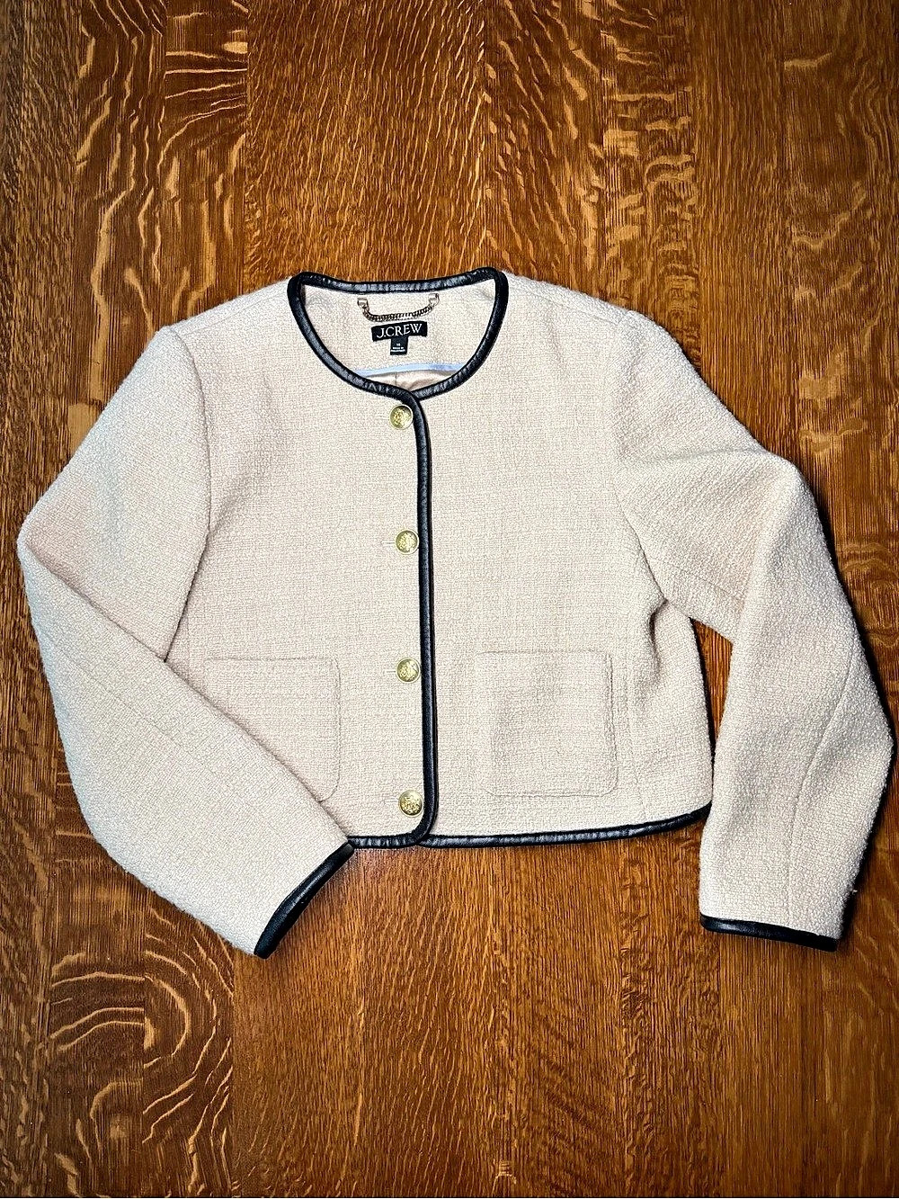 J.CREW Tweed lady jacket with leather trim Cream & Black Size 10